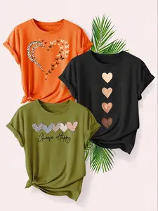 Women's Heart Print Round Neck Tee, Casual Streetwear Short Sleeve T-shirt for Daily Wear, Ladies Clothes for Summer