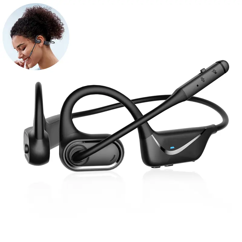 HT03 Open Ear Wireless Air Conduction Bluetooth Headset with Mic - Cordless Waterproof Headphones, Bluetooth 5.1, Mute & Call Control, aptX-HD/LL, 1.5h Charging, 45Hz, 5V, Aluminium Alloy Silicone Build, CSR Plug, for Trucker Drivers, Cellphones, with Box