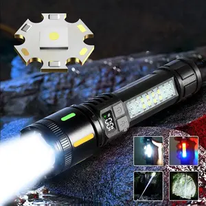 Rechargeable Flashlight, 5 Modes White Light Main Light & Red and Blue Side Lights, Multi-function Portable Outdoor Small Torch