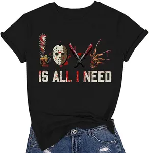 FEEGO Funny graphic tees Love is All I Need Halloween Squad Shirt Women Novelty Horror Movies T-Shirt Halloween Scary Graphic Short Sleeve Top