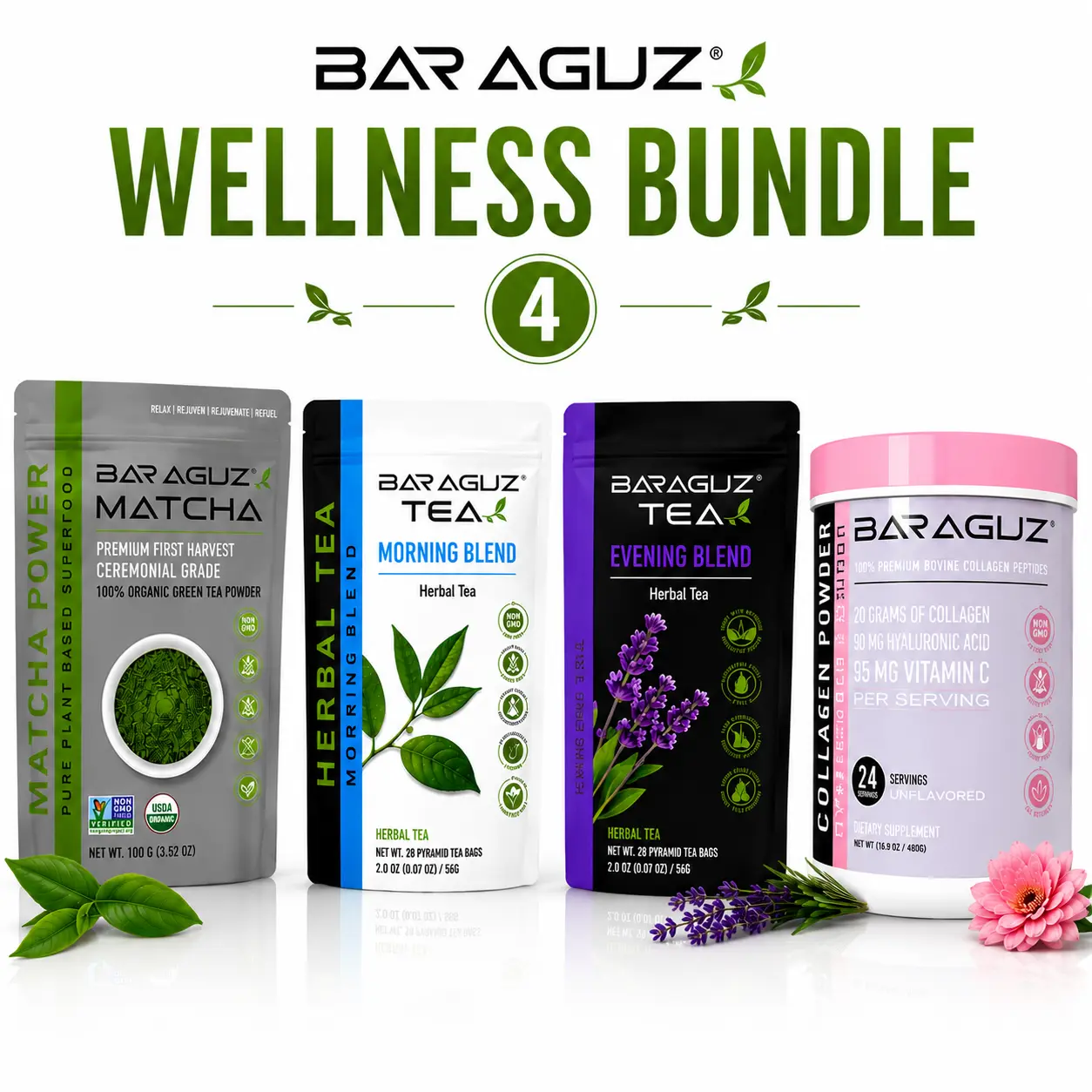 BARAGUZ Wellness Bundle Pack of 4 | Matcha Powder + Morning Blend Herbal Tea + Evening Blend Herbal Tea + Collagen Peptides | Daily Wellness Collection