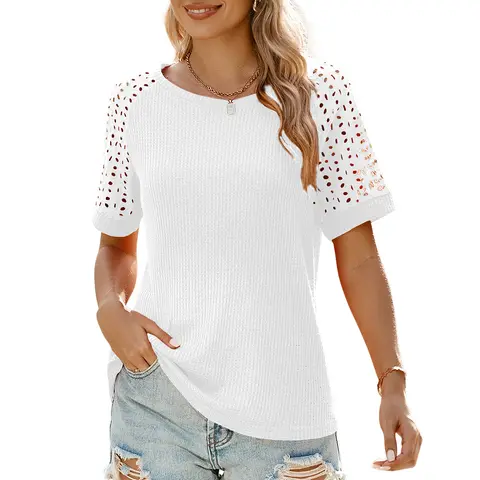 Shewin Women's Short-Sleeve Knit Top - Thin Knitwear, Round Neck, Breathable Lightweight Waffle Hollow-Out Fabric, Fitted Flattering Silhouette, Plus Size Casual Summer Basic Wear