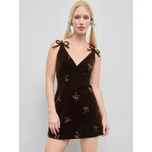 Cider [size 0-10] Velvet V-neck Sequin Bowknot Mini Dress