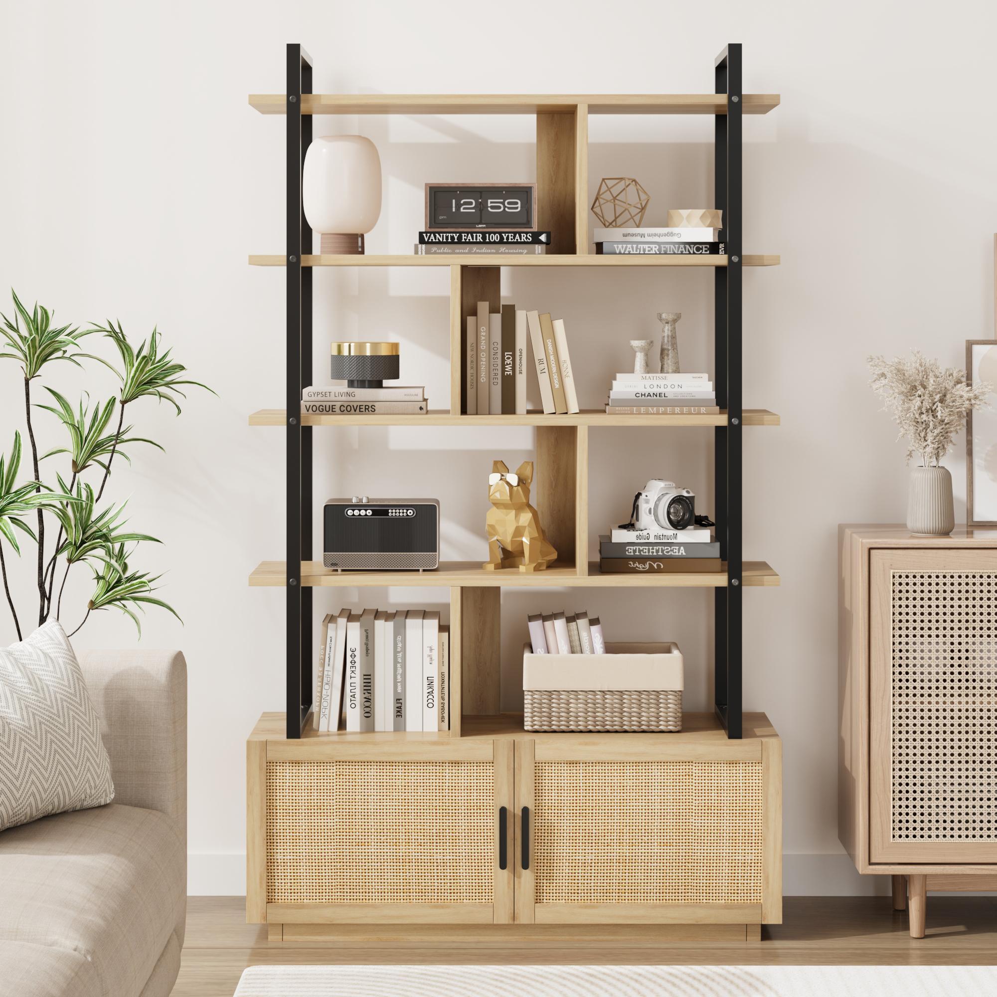 71.1" Tall 5-Tier Rattan Bookshelf with Cabinet Doors, Large Farmhouse Wooden Bookcase with 7 Open Shelves, Modern Storage Organizer for Living Room & Home