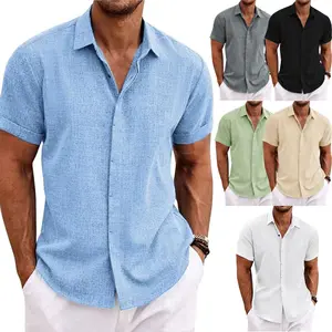 Men's Linen Short-Sleeved T-shirt Loose Undershirt Solid Color Short-Sleeved Cotton and Linen Shirt Men's Beach plus Size Men's Short-Sleeve Shirt