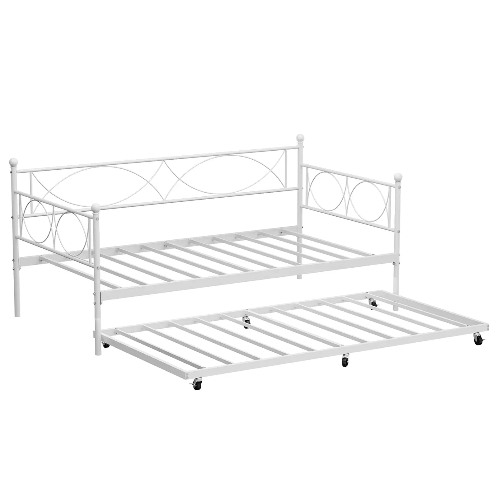 Gaomon Twin Size Iron Daybed Frame with Secure Rolling Trundle, Slide, Lockable Casters, 500 lbs Heavy-Duty Metal Slat Mattress Foundation, Floral Geo Design, Single Person Pull Out Bed for Living Room, Bedroom (Easy Setup)