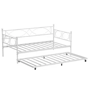Gaomon Twin Size Iron Frame Daybed, 500lb Heavy Duty Metal Slat Mattress Foundation Platform Sofa Bed with Trundle Slide & Lockable Casters, Easy Setup for Living Room, Bedroom