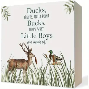 Farmhouse Hunting Boy Nursery Wooden Box Sign, Rustic Farmhouse Design, Vintage Plaque Decor, Hunting Decor for Boys Room, Wild Mallard Duck Deer Wood Block Plaque Signs for Toddler Kids Nursery Playroom Desk Table Shelf Decor, 5x5 Inch