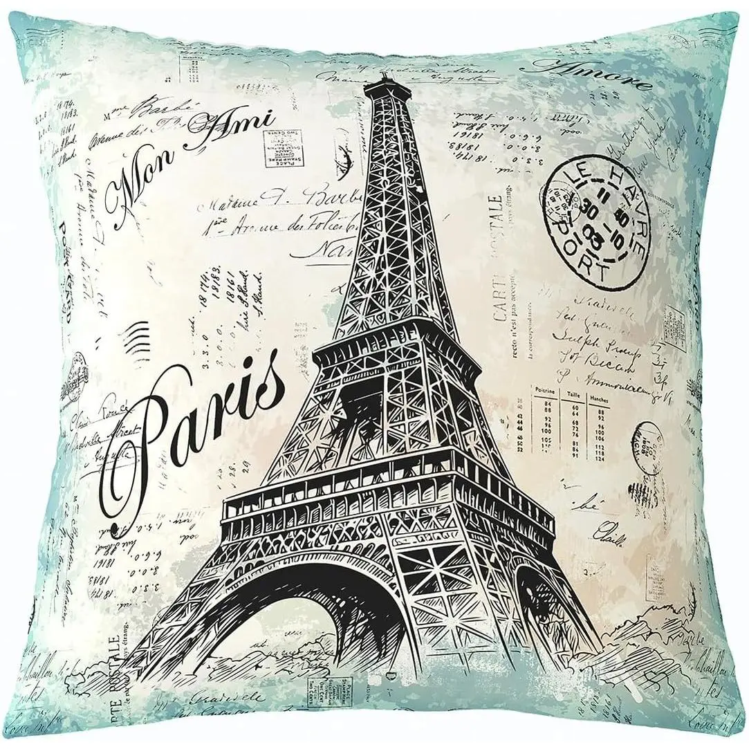 Eiffel Tower Throw Pillow Cover,Paris Decor Cushion Case Home Living Room Decor,Reversible Trip Design Paris Cityscape Blue Green White Decorative Throw Cushion Case
