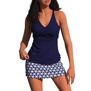 Women's Tummy Control 2-Piece Halter V-Neck Twist-Front Navy Tankini Swimsuit Set With Geometric Skirt For Vacation Sports & Outdoor Swimwear