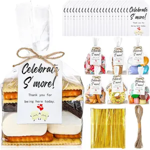 50 Set S'mores Kit 4 x 2 x 8 S' Bags Flat Bottom Gusseted Cellophane Bags with Favor Tag and Twine for Wedding  Shower Birthday Favors Party(Classic Style)