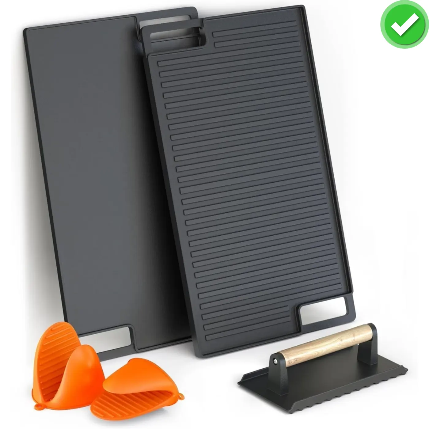 Reversible Cast Iron Grill and Griddle Plate Pan Set,Works on Stove,Grill,and Fire,Black10.1" x 17.9"