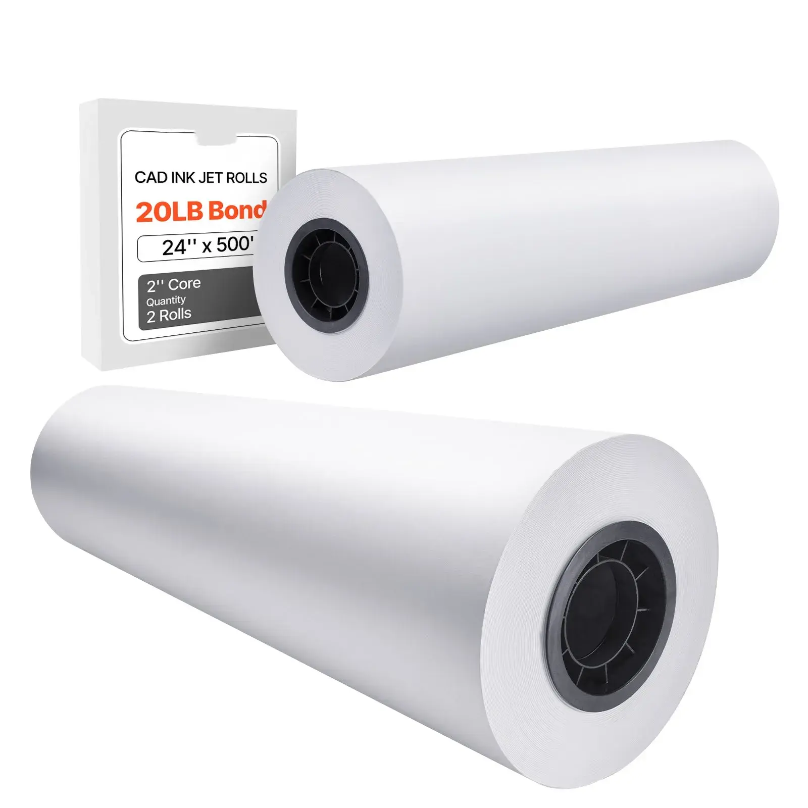 Wide Format Plotter Paper Rolls (2 Pack) - 24x500ft Roll, 3in Core, 20LB CAD Bond, High Opacity, Pure Wood Pulp, Vivid Colors, Ideal for CAD Drawings, Engineering Plans