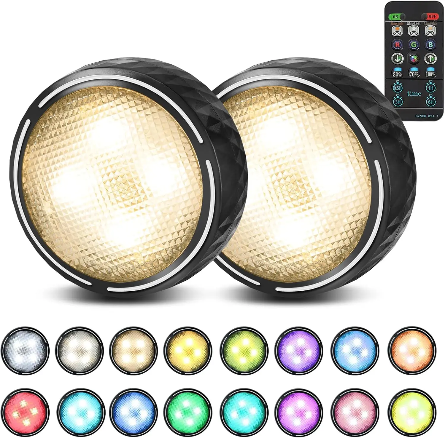 Onumii Battery Operated Under Cabinet Lighting with Remote, Wireless LED Puck Lights Color Changing with Timer, Stick On Closet Lights for Kitchen Cabinets Shelf Display - 2 Pack Black