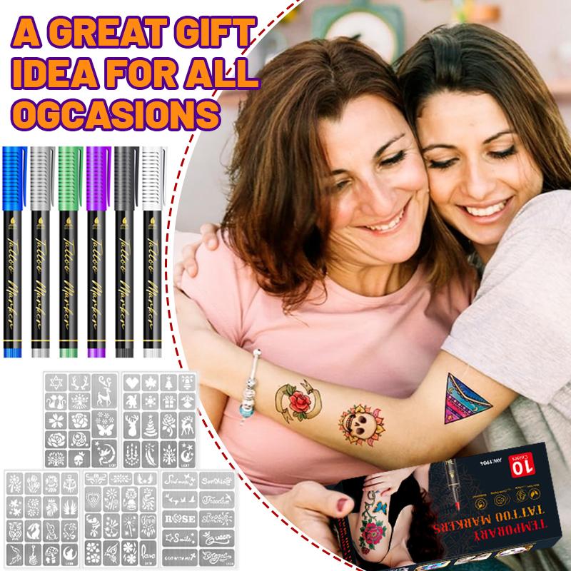 10PCS Temporary Tattoo Markers  for Skin Body Markers 10 Colors Tattoo Pens 5 Stencils Waterproof Sweatproof Long-lasting Face Paint Kit Cosmetic Quality Easy To Remove Perfect for Parties Festive Gifts Halloween Makeup Christmas Gifts
