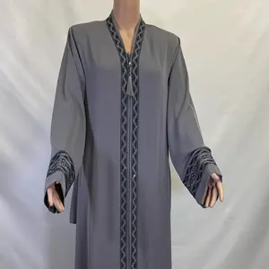 Grey Zippered Abaya with Embroidery Details & Rhinestones Belted Design for Stylish Wear