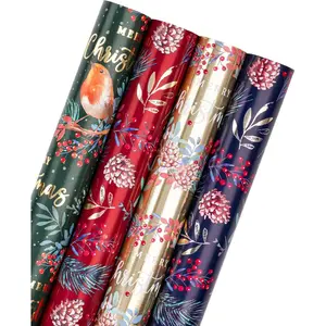 30 Inch Christmas Wrapping Paper Roll -  Roll Red, Green,  Bird, Christmas Garland, Holly and Pinecones with Metallic Foil Shine Design - 4 Rolls - 30 Inch x 120 Inch Per Roll