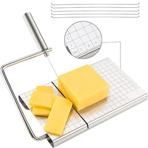 LMETJMA Cheese Slicers with Wire for Block Cheese Adjustable Cheese Cutter Board with 5 Replacement Wires Precise Scale JT53