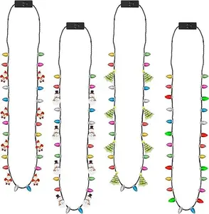 Christmas Necklace, 4Pcs Light Up Christmas Necklace, Glowing Bulb Christmas Tree Santa Candy Cane Necklaces, 3 Modes Colorful Christmas Party Favors, Ugly Xmas New Year Eve Party Supplies Accessories