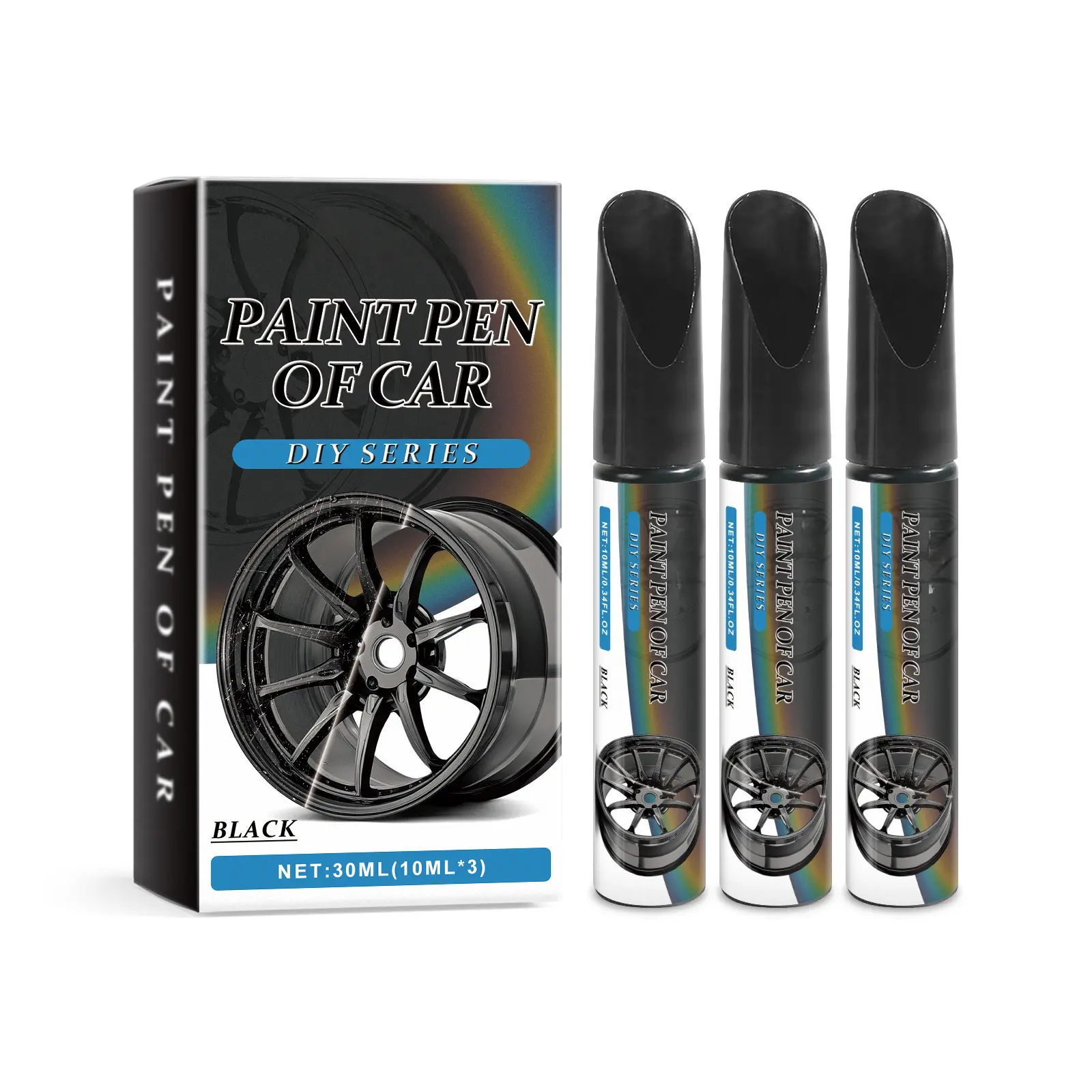 Black Car Wheel Paint Pen Kit (3-Pack, 30ml Total) - Liquid Coating Touch-Up Paints, Scratch Repair Solutions, Alloy Rim Refurbishment & DIY Automotive Maintenance Set