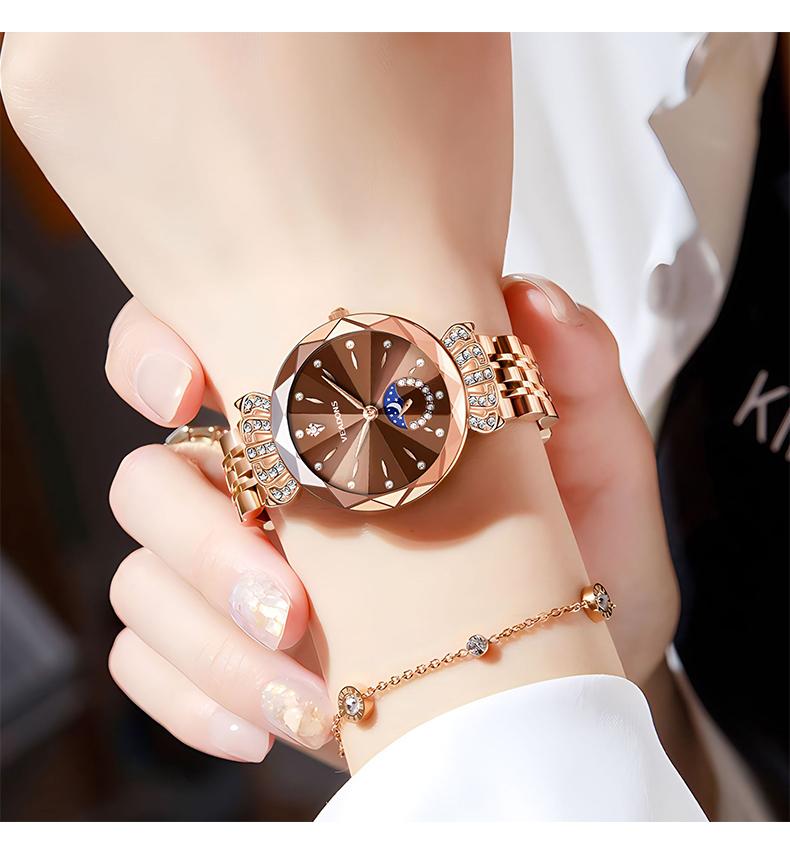 Ludmila Luxury Women's Jewelry Watch Diamond Cut Crystal Stainless Steel Waterproof Moon Star Sun Design Elegant Wristwatch Anniversary Gift for Her