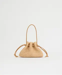 Drawstring Pouchette - Natural Raffia/Budino Suede