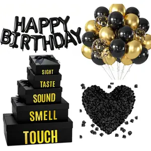 5 Senses  Boxes for Him Five Senses  Birthday Decorations Black Nesting  Boxes With Lids Happy Birthday Banner Balloon for Husband Boyfriend (Black )
