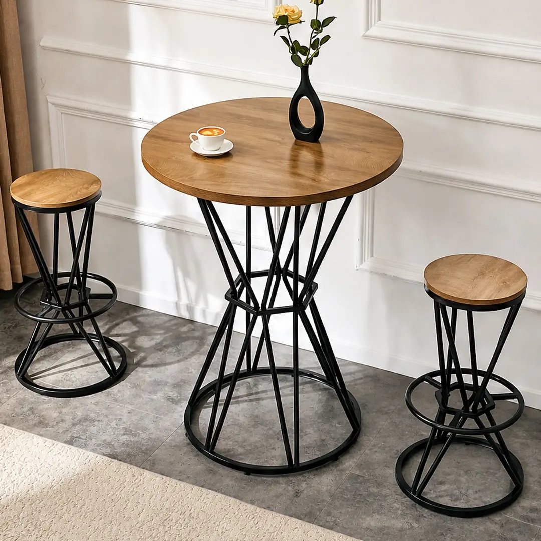 ARCH 3-Piece Industrial Indoor Bar Set - 1 Table, 2 Stools, 31.5" Dia. Waterproof Wood Grain MDF Tabletop, 11.8in Black Metal Frame, Stable 30.86 lb Kitchen Island for Small Apartments Adults, MDF+Metal, Black/Wood Round, Clean With Damp Cloth