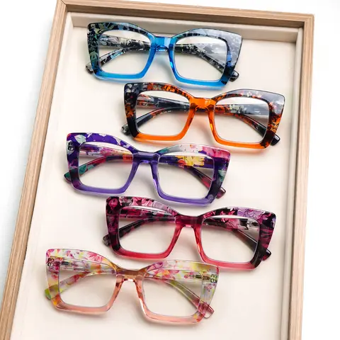 5-Piece Set Of Elegant Vintage-Printed Blue Light Blocking Reading Glasses For Women Large-Sized Multi-Color Printed Frames Durable Lenses Unique Spring Hinge Design Fashionable Accessory Versatile Style Perfect For Everyday Wear