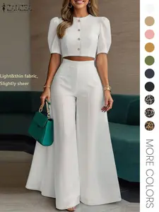 Two-Piece Set Suits Women's Plain Woven Cropped Top & Elastic Waist Wide Leg Pants, Elegant Fashion Top & High Waist Trousers for Daily Wear, Womenswear for Summer
