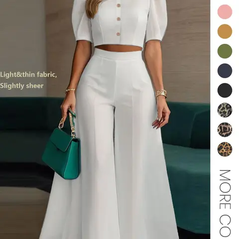 Two-Piece Set Women's Plain Crop Top & Elastic Waist Wide Leg Pants, Elegant Fashion Top & High Waist Trousers for Daily Wear, Summer Matching Set, Women's Clothing for Summer