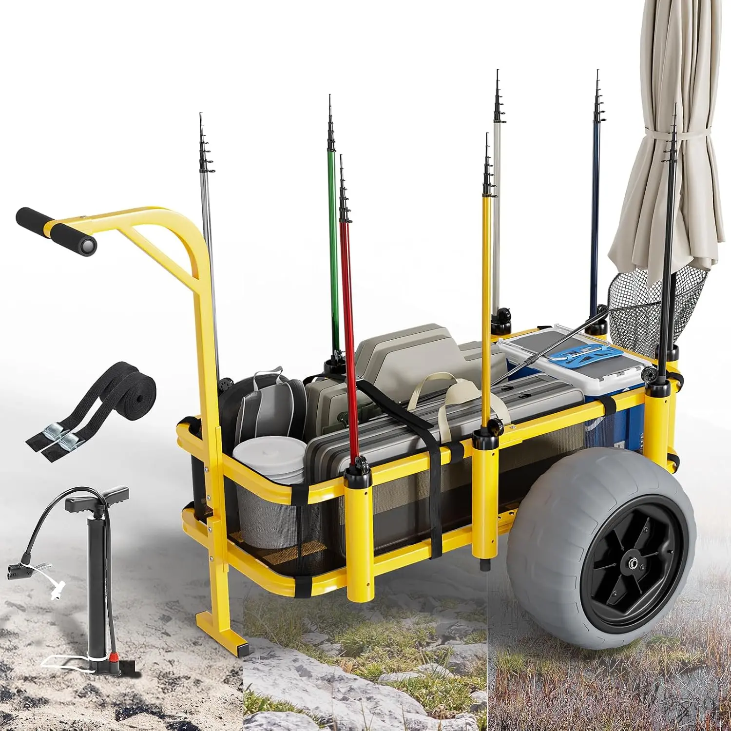 Bonnlo Foldable Beach Fishing Cart Trolley - 16" Big Balloon Sand Wheels, 400 lbs Load Capacity, Large Cargo Deck, 8 Fishing Rod Holders, Mesh Bag, Hand Pump, Foldable Size