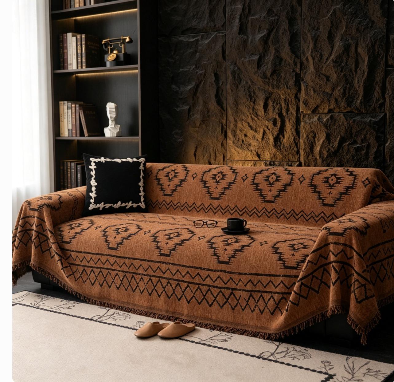 Southwestern Fringed Sofa Blanket | Brown & Black Aztec Throw for Boho Living Rooms