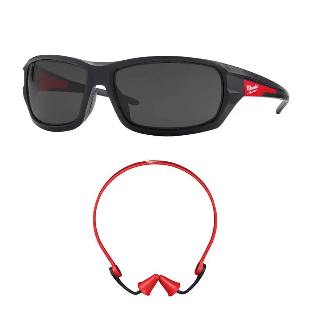 Performance Safety Glasses with Tinted Fog-Free Lenses & Banded Reusable Red Earplugs with 25 dB Noise Reduction Rating