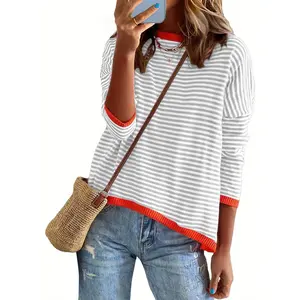 Women's casual sports knitwear, long-sleeved round neck striped knit sweater, casual color-blocked drop-shoulder pullover fashion top