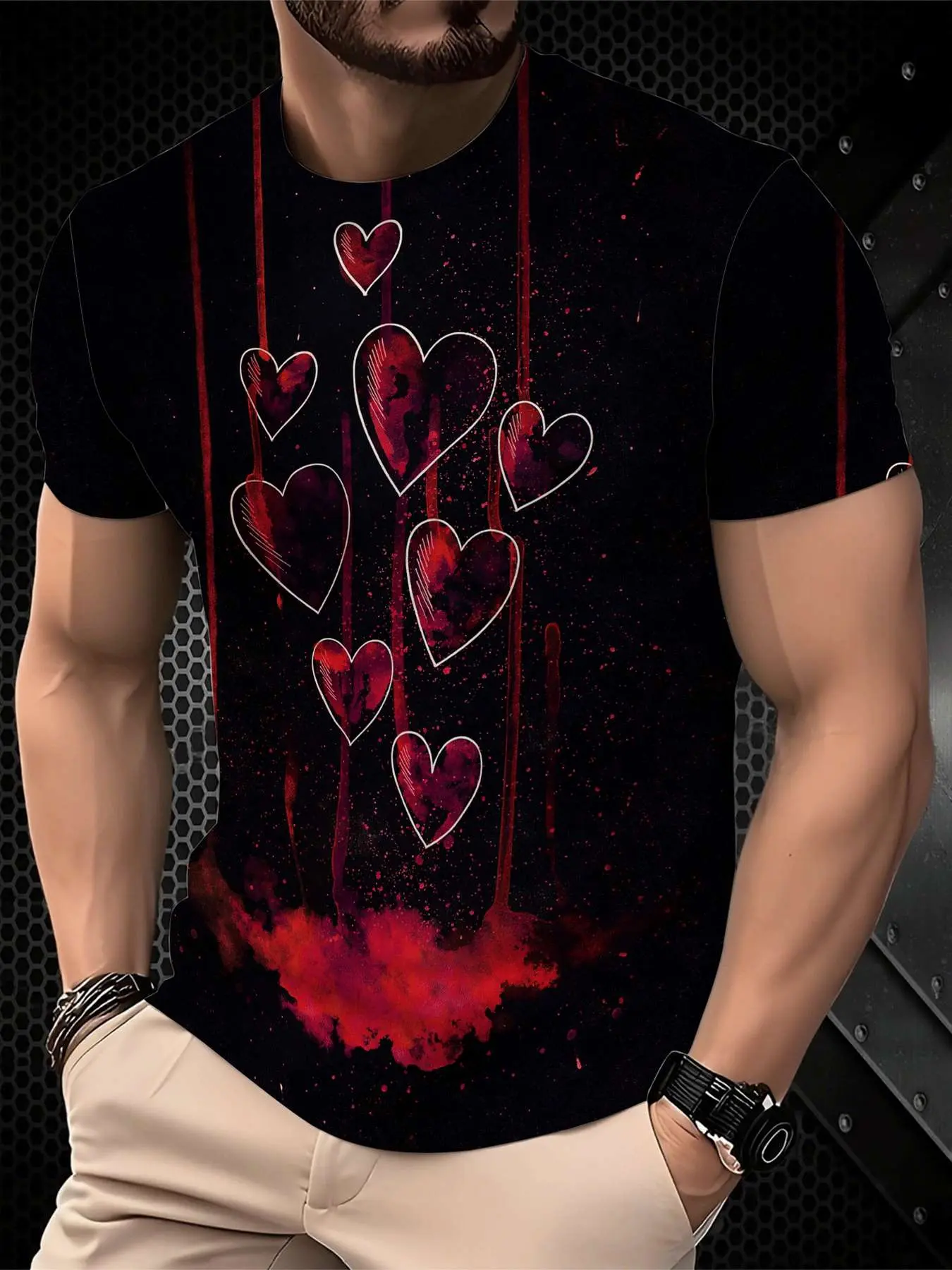 Black background red heart splash ink print T-shirt, Casual Streetwear Menswear, Casual Graphic Tee, with a personalized and trendy style
