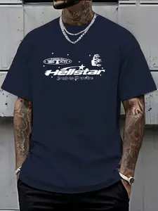 Men's Summer Round Neck Short Sleeve Hell Star Pattern Street Style Loose Fit T-Shirt, Casual Daily Wear, Long Clothing