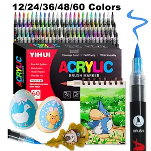 12/24/36/48/60 Colors Acrylic Paint Pens, Brush Tip Markers for Rock Painting, Wood, Stone, Glass, DIY Crafts, Non-Disposable Art Supplies, Art Materials