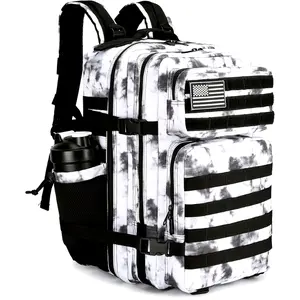 11.89gal Camo Tactical Assault Backpack with American Flag Patch - Durable Oxford Fabric, Waterproof 3-Day Rucksack with Multiple Compartments & MOLLE System, Adjustable Chest Strap for Hiking, Camping, Travel - Machine Washable