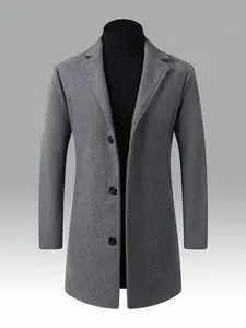 KZZ Men's Solid Button Front Lapel Neck Midi Coat, Regular Fit Casual Long Sleeve Outerwear for Fall & Winter, Men's Clothes for Daily Wear Christmas gifts christmas gifts for him Beige Classic jackets