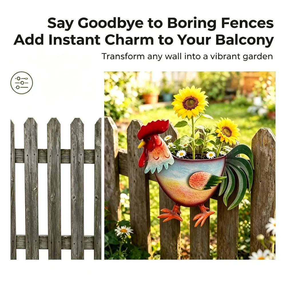 Vintage Metal Rooster Wall Hanging Planter, Farm Style Chicken Shape Wall Mount Flower Basket, Rustic Farmhouse Plant Pot for Marigold Ivy, Outdoor Wooden Door Fence Patio Garden Decor