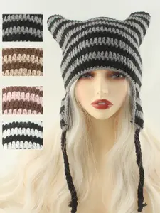 Unisex New Handmade Striped Cute Cat Ear Knit Hat, Fall Winter Warm Earmuff Cap, Y2K Style Crochet Beanie, Knitting Beanie, Original Streetwear Fashion