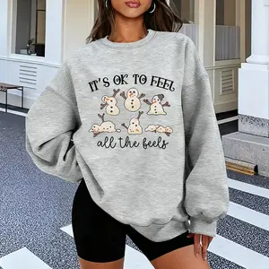 Women's Sweatshirt with Fun Patterns - 'IT’S OK TO FEEL, all the beels' quirky snowman Christmas print, gray cotton crewneck sweatshirt, breathable and slightly stretchy Casual Hoodie