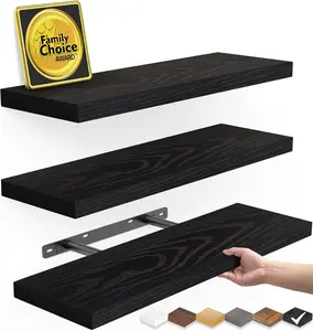 Floating Shelves for Wall, Wall Mounted Rustic Wood Shelves for Bathroom, Bedroom, Living Room, Kitchen, Hanging Shelf for Books/Storage/Room Decor with 22lbs Capacity (Black, Set of 3, 15.7in)