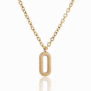 Hollow Out Design Oval Shape Necklaces Bracelet Oudisi Stainless Steel Striped Oval Pendants With Link Chain Waterproof Jewelry For Women