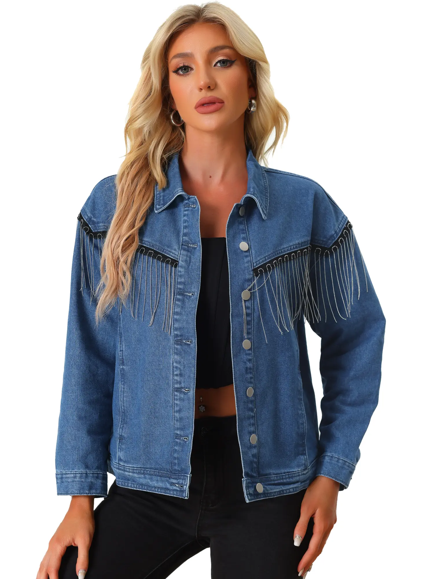 INSPIRE CHIC Casual Denim Jacket Women's Button Front Tassel Beads Rhinestone Fringe Jean Jacket