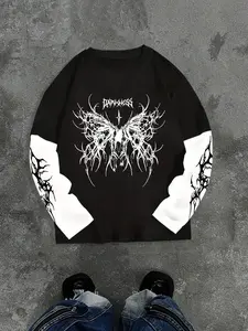 Men's Casual Two-Piece Long Sleeve T-Shirt Set, Fashion Round Neck Butterfly Print, Trendy All-Season Wear, Comfortable Fit