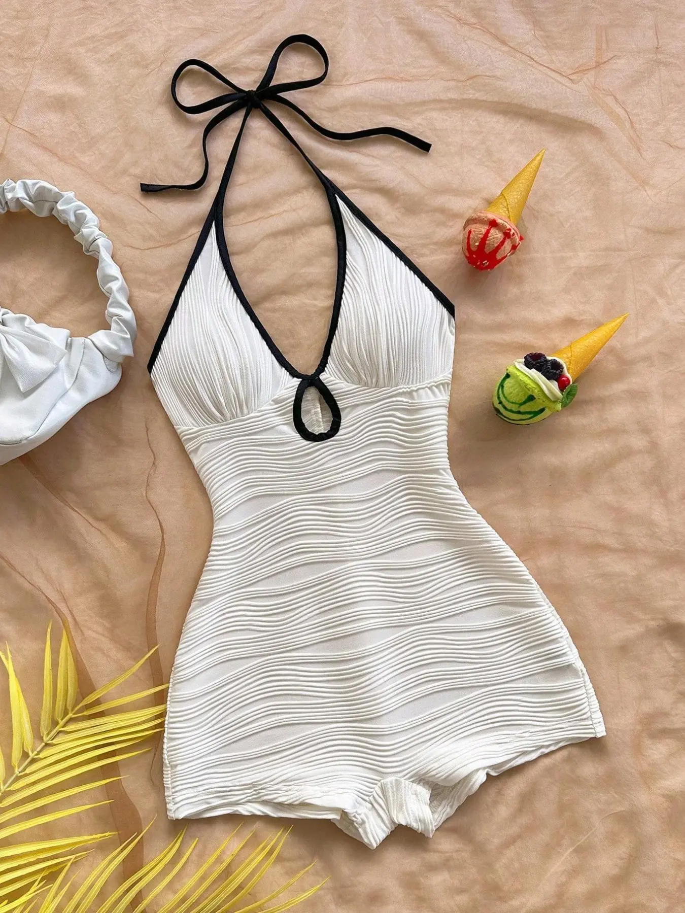 White Halter Neck Swim Romper with Black Trim, Textured Wave Pattern One-Piece Swimsuit, Fashionable Swimsuit, Y2K & Coquette Aesthetic, Slim Fit, Perfect for Beach, Pool Parties & Vacation, Textured Swimwear, Beachwear Swimsuits