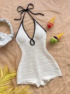White Halter Neck Swim Romper with Black Trim, Textured Wave Pattern One-Piece Swimsuit, Y2K & Coquette Aesthetic, Slim Fit, Perfect for Beach, Pool Parties & Vacation, Textured Swimwear