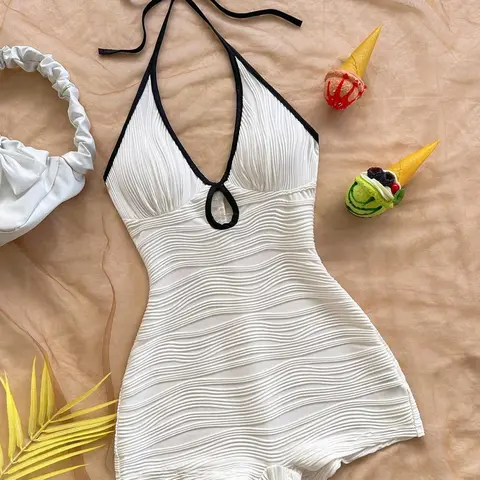 White Halter Neck Swim Romper with Black Trim, Textured Wave Pattern One-Piece Swimsuit, Fashionable Swimsuit, Beach Party Swimsuit, Y2K & Coquette Aesthetic, Slim Fit, Perfect for Beach, Pool Parties & Vacation, Textured Swimwear, Beachwear Swimsuits
